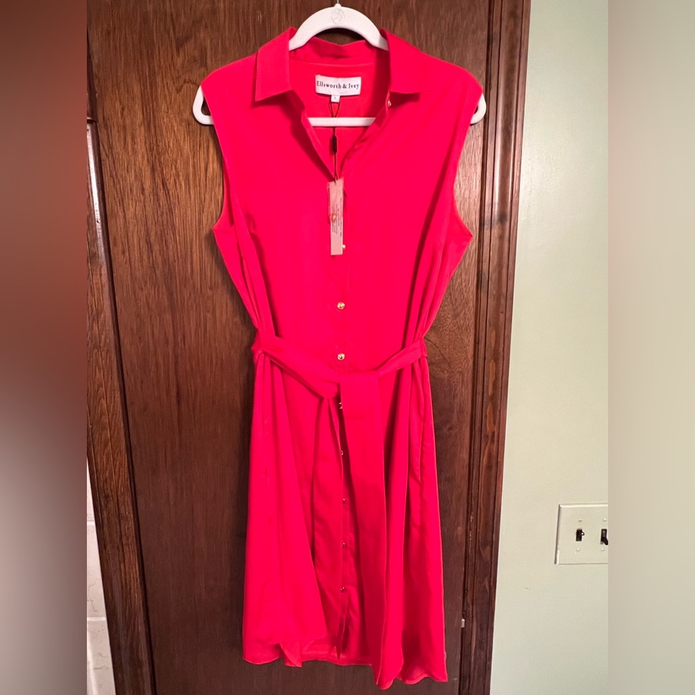 Ellsworth & Ivey sleeveless button-down shirt dress with belt & pockets in red.